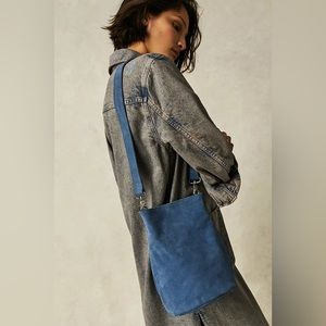 Free People sundown Suede Crossbody bucket bag in coastal blue